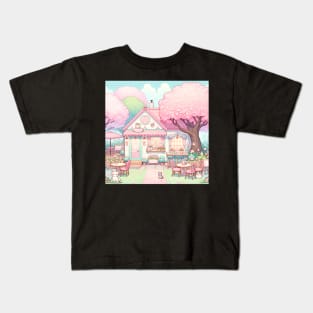 cute cat cafe with pink cherry blossom trees Kids T-Shirt